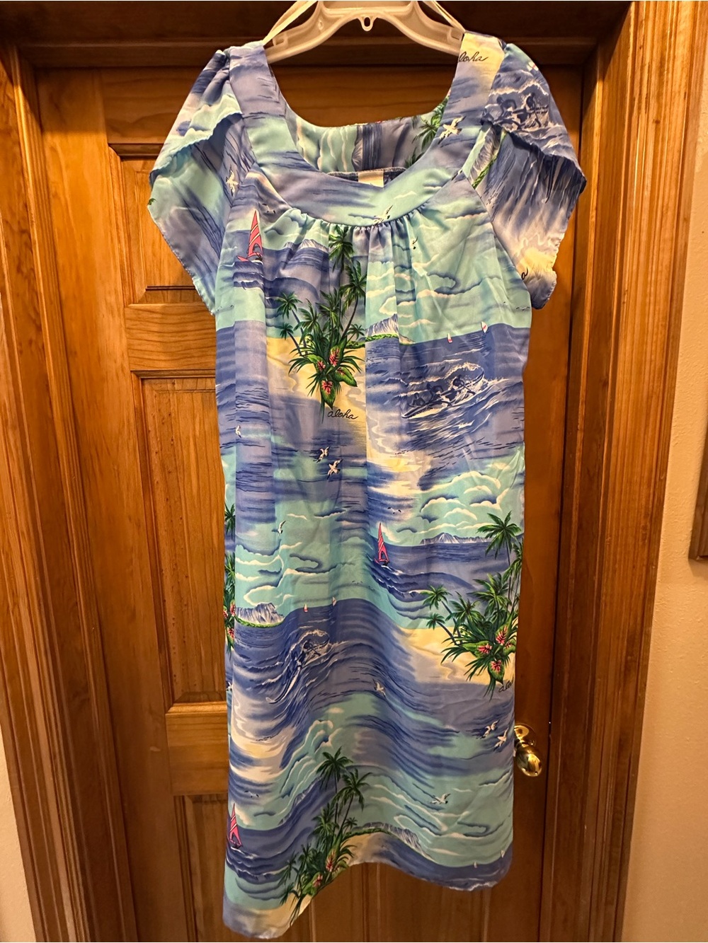 Blue Tropical Print Midi Dress with Palm Motif